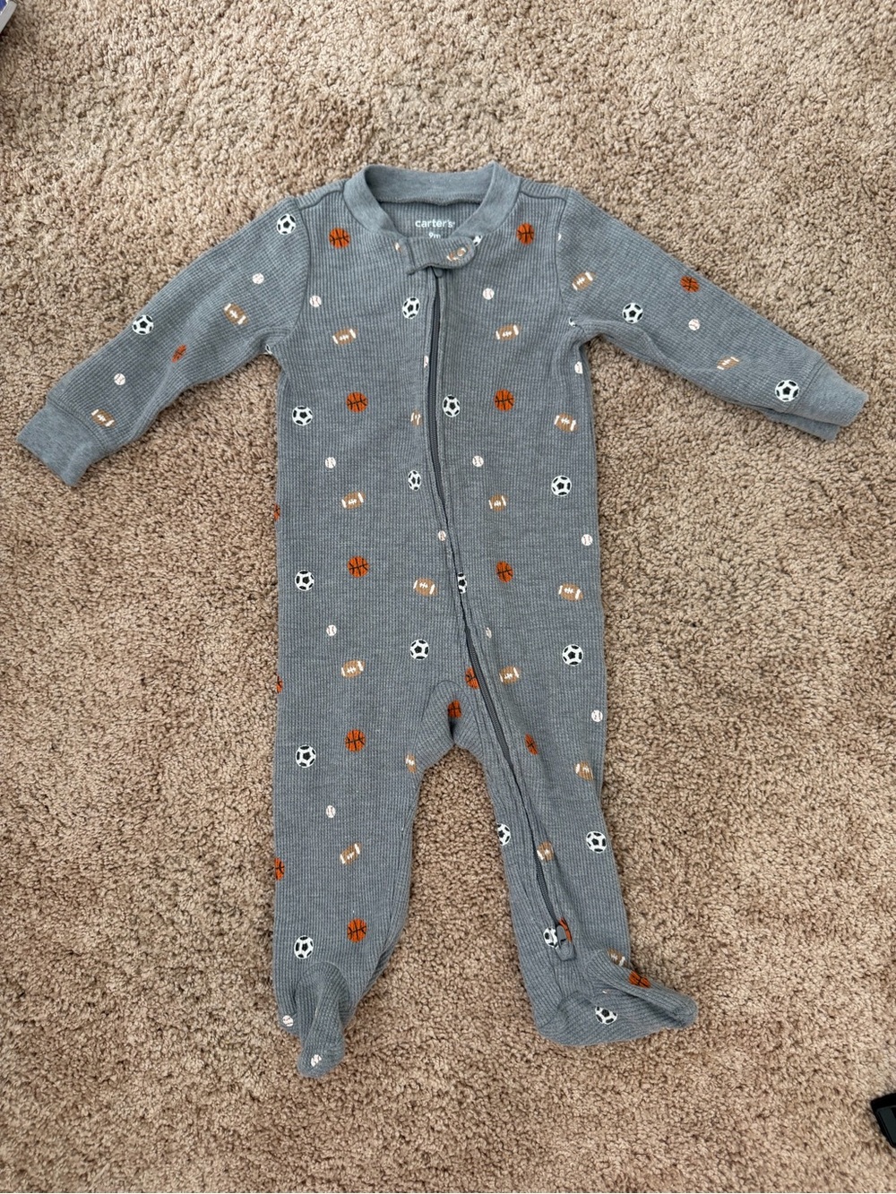 Carter's Baby Boys Gray Waffle Knit Sports Print Footed Sleeper Size 9M